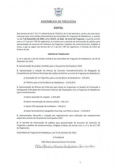 Sess&atilde;o Extraordin&aacute;ria da Assembleia de Freguesia do Nadadouro: 7 de novembro de 2024, pelas 21h15