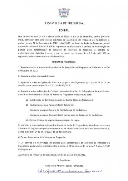Sess&atilde;o Ordin&aacute;ria da Assembleia de Freguesia de Nadadouro - 22 de Dezembro pelas 21h15