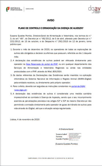  Aviso relativo ao Plano de Controlo e Erradica&ccedil;&atilde;o da Doen&ccedil;a de Aujeszky