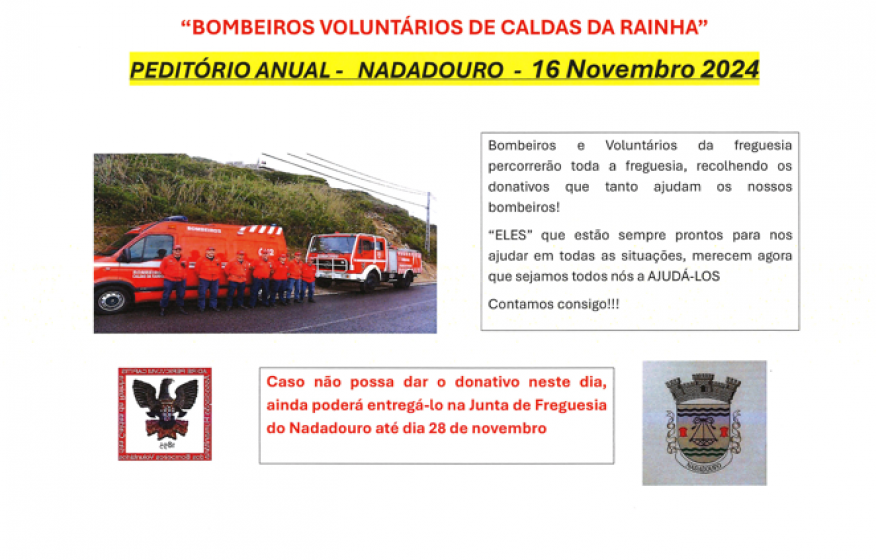 PEDIT&Oacute;RIO ANUAL - BOMBEIROS VOLUNT&Aacute;RIOS DE CALDAS DA RAINHA - 16 de novembro de 2024