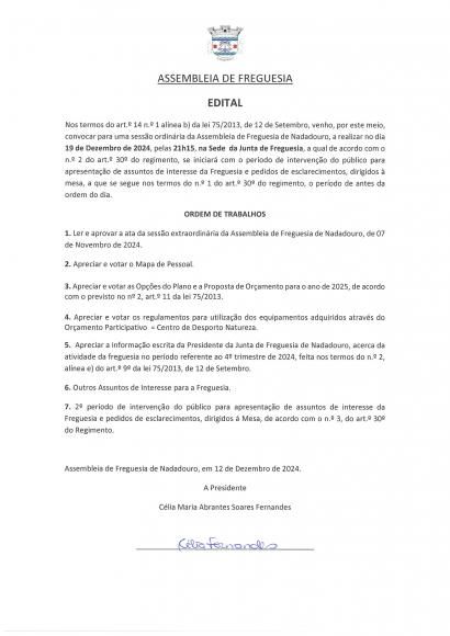 Sess&atilde;o ordin&aacute;ria da Assembleia de Freguesia de Nadadouro