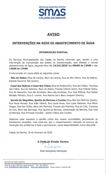 Interrup&ccedil;&atilde;o pontual de abastecimento de &aacute;gua: 24 fevereiro 2025