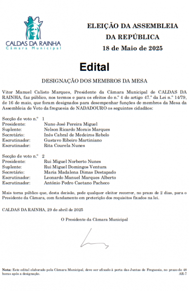 Elei&ccedil;&atilde;o da Assembleia da Rep&uacute;blica - 18 de maio de 2025 Constitui&ccedil;&atilde;o das Mesas de Voto