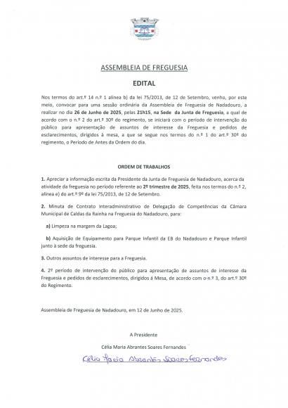 Sess&atilde;o Ordin&aacute;ria da Assembleia de Freguesia de Nadadouro - 26 de junho de 2025