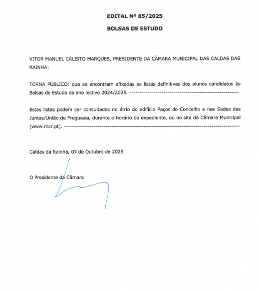 Edital n&ordm; 85/2025 - Bolsas de Estudo Listas dispon&iacute;veis para consulta na Sede da Junta de Freguesia