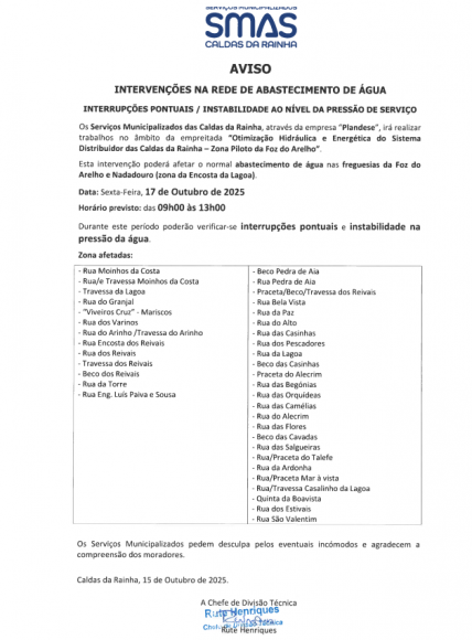 AVISO - INTERVEN&Ccedil;&Otilde;ES NA REDE DE ABASTECIMENTO DE &Aacute;GUA