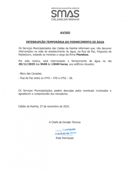 AVISO - Interrup&ccedil;&atilde;o Tempor&aacute;ria do Fornecimento de &Aacute;gua