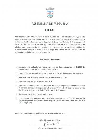 Sess&atilde;o Ordin&aacute;ria da Assembleia de Freguesia do Nadadouro: 18/12/2025 -21h15