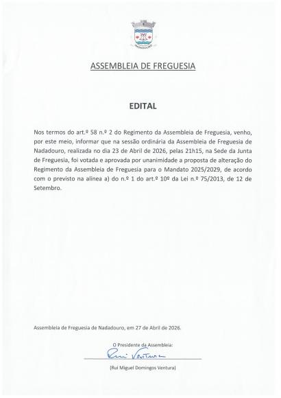 EDITAL - Aprova&ccedil;&atilde;o da altera&ccedil;&atilde;o do Regimento da Assembleia de Freguesia