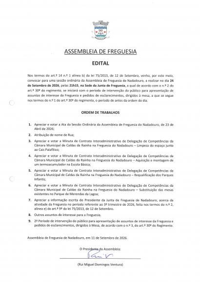 Sess&atilde;o Ordin&aacute;ria da Assembleia de Freguesia: 24 de setembro de 2026 - 21h15 - Sede da Junta de Freguesia