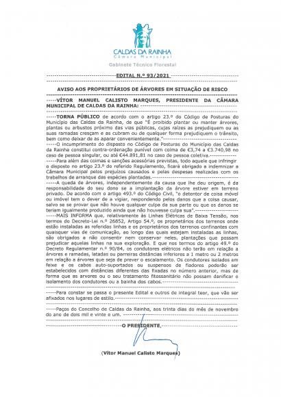 EDITAL n&ordm; 93/202: AVISO AOS PROPRIET&Aacute;RIOS DE &Aacute;RVORES EM SITUA&Ccedil;&Atilde;O DE RISCO