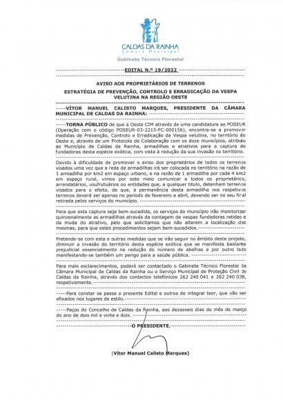 Edital n&ordm; 19/2022 - CMCR - Gabinete T&eacute;cnico Florestal