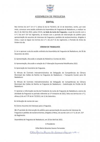 ALTERA&Ccedil;&Atilde;O DO LOCAL da Sess&atilde;o Ordin&aacute;ria da Assembleia de Freguesia de Nadadouro
