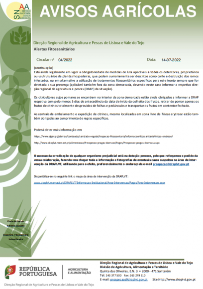 Alerta Fitossanit&aacute;rio DRAPLVT - Circular n&ordm; ​4/2022